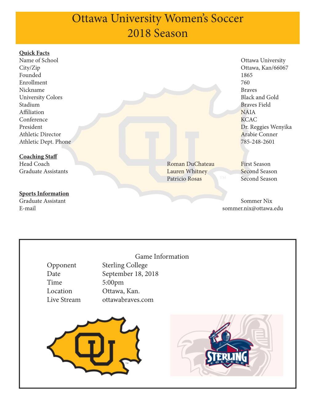 Ottawa University Women's Soccer 2018 Season