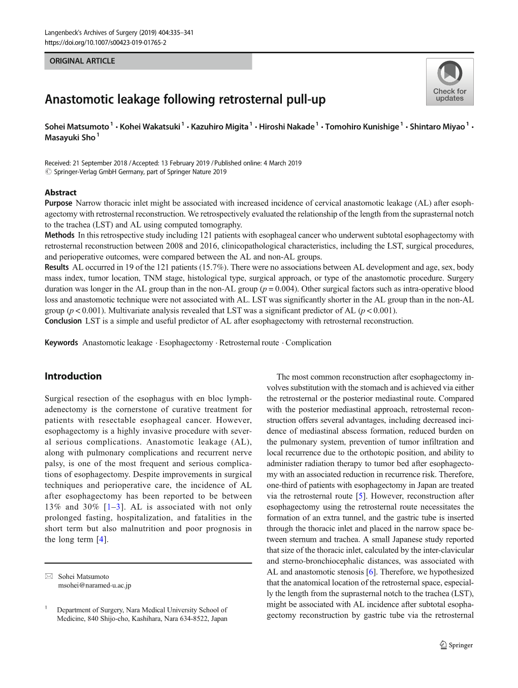 Anastomotic Leakage Following Retrosternal Pull-Up