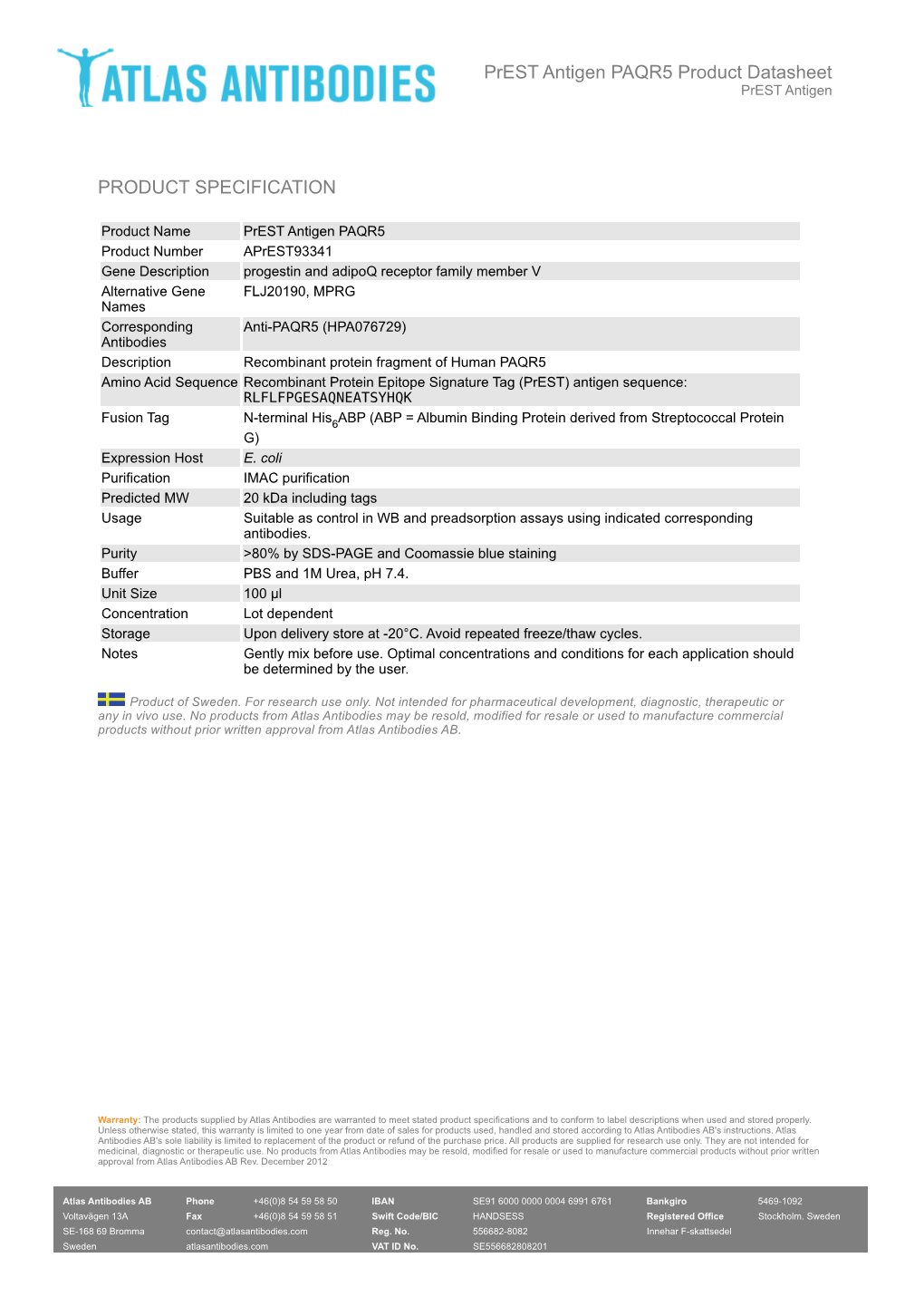 PRODUCT SPECIFICATION Prest Antigen PAQR5 Product Datasheet