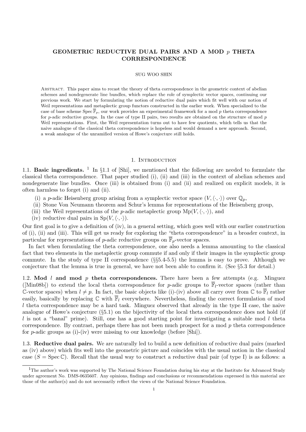 GEOMETRIC REDUCTIVE DUAL PAIRS and a MOD P THETA CORRESPONDENCE