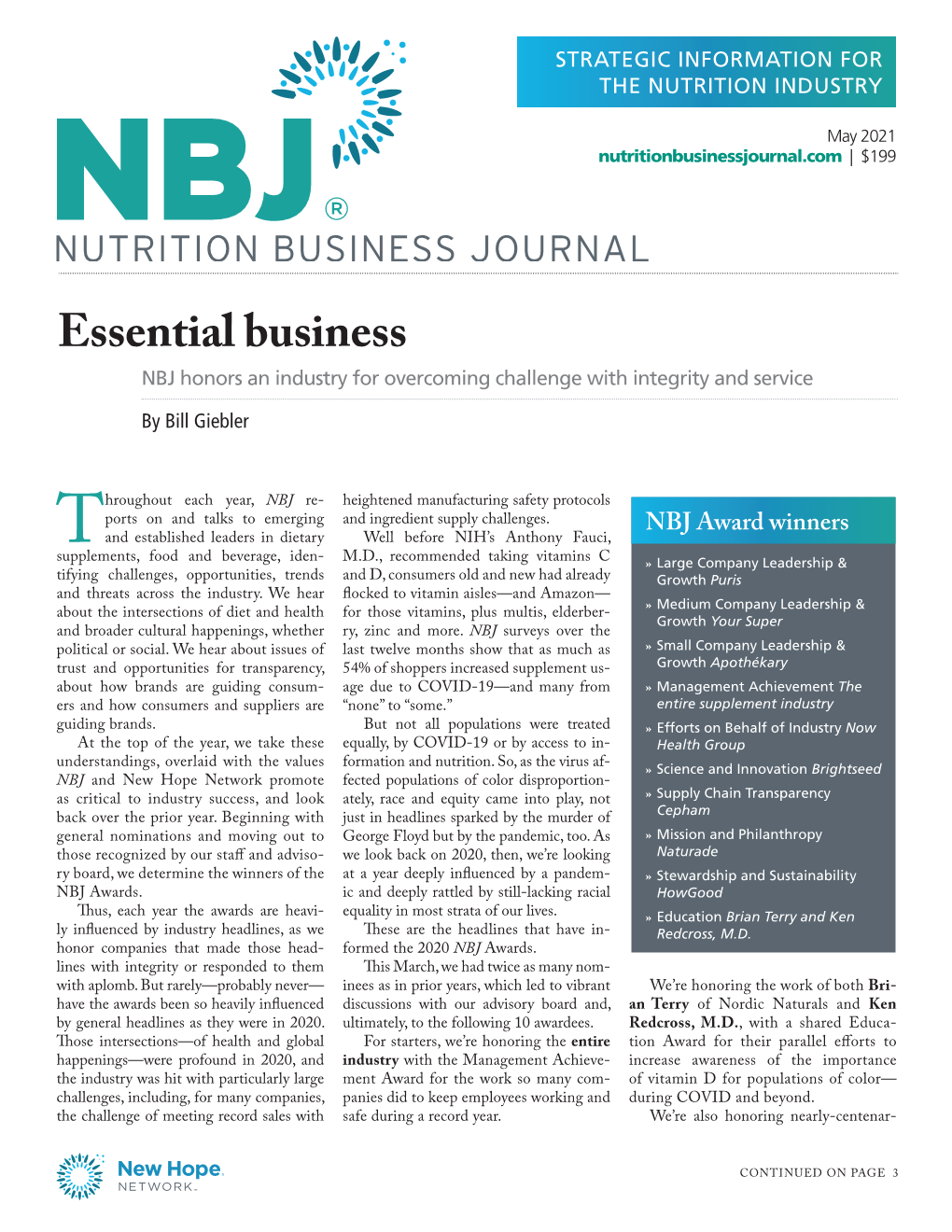 NBJ Honors an Industry for Overcoming Challenge with Integrity and Service