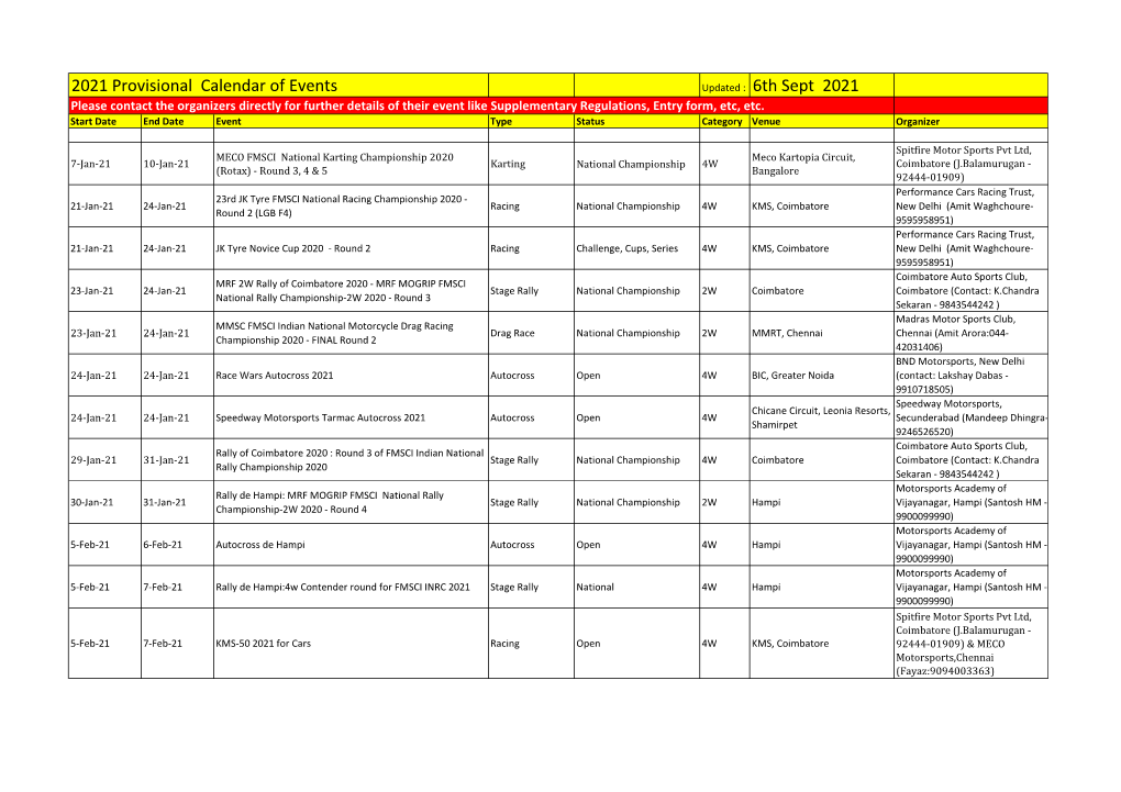 2021 Provisional Calendar of Events