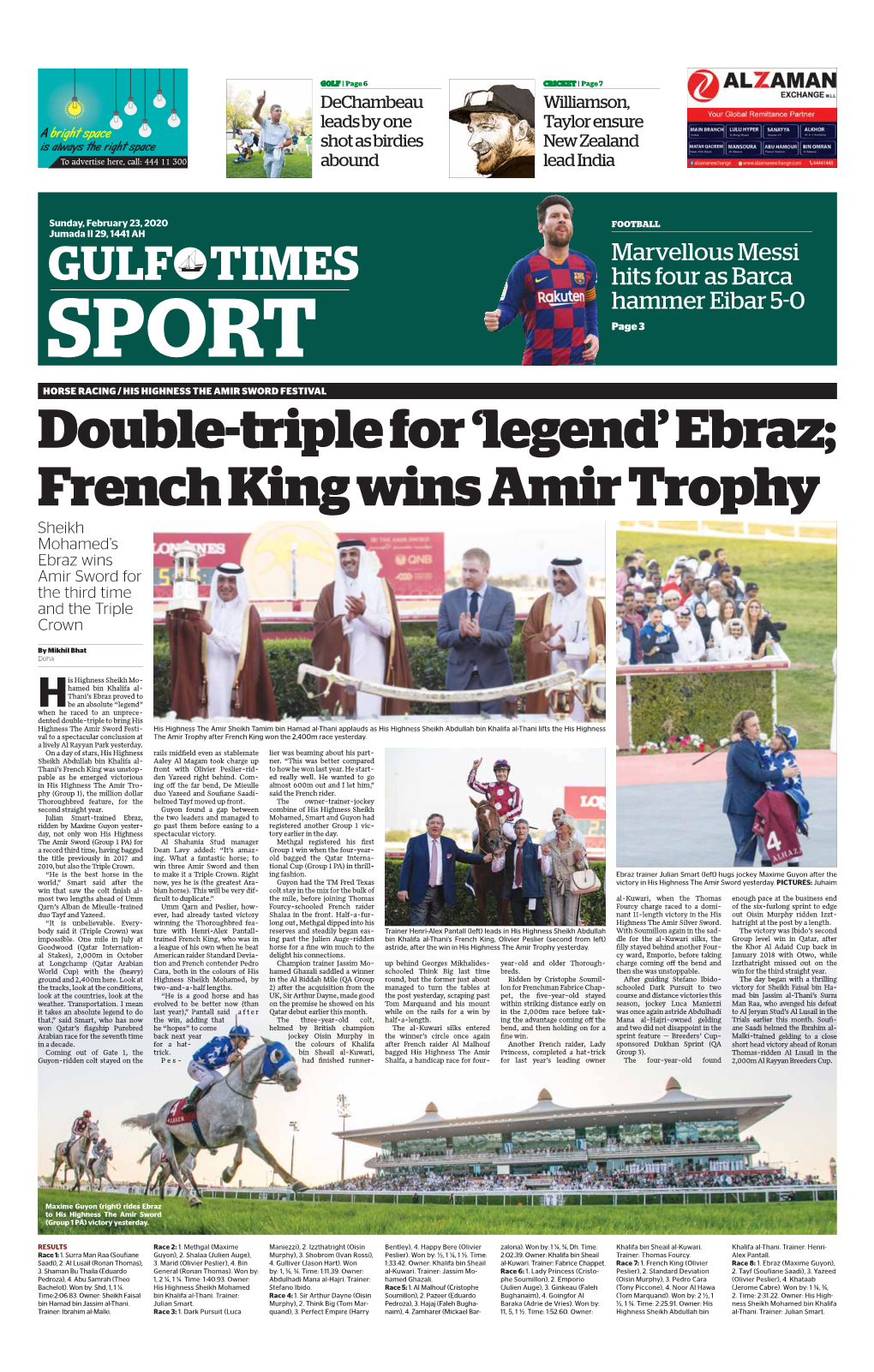 French King Wins Amir Trophy Sheikh Mohamed’S Ebraz Wins Amir Sword for the Third Time and the Triple Crown