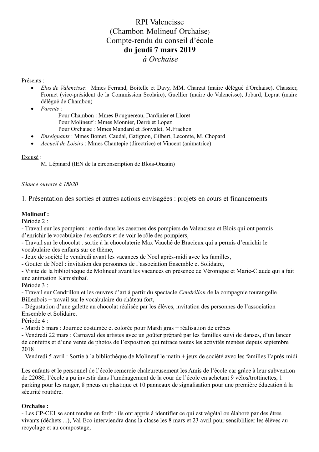 Chambon-Molineuf-Orchaise) Compte-Rendu Du Conseil D’École Du Jeudi 7 Mars 2019 À Orchaise