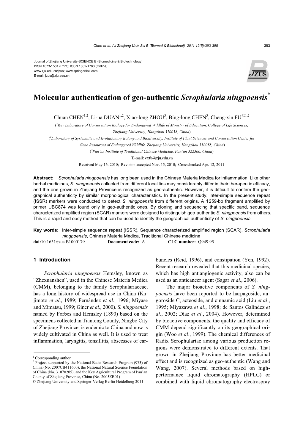 Molecular Authentication of Geo-Authentic Scrophularia Ningpoensis*