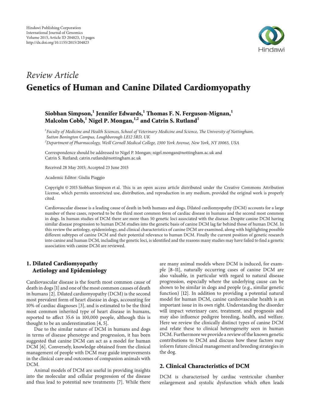 Review Article Genetics of Human and Canine Dilated Cardiomyopathy