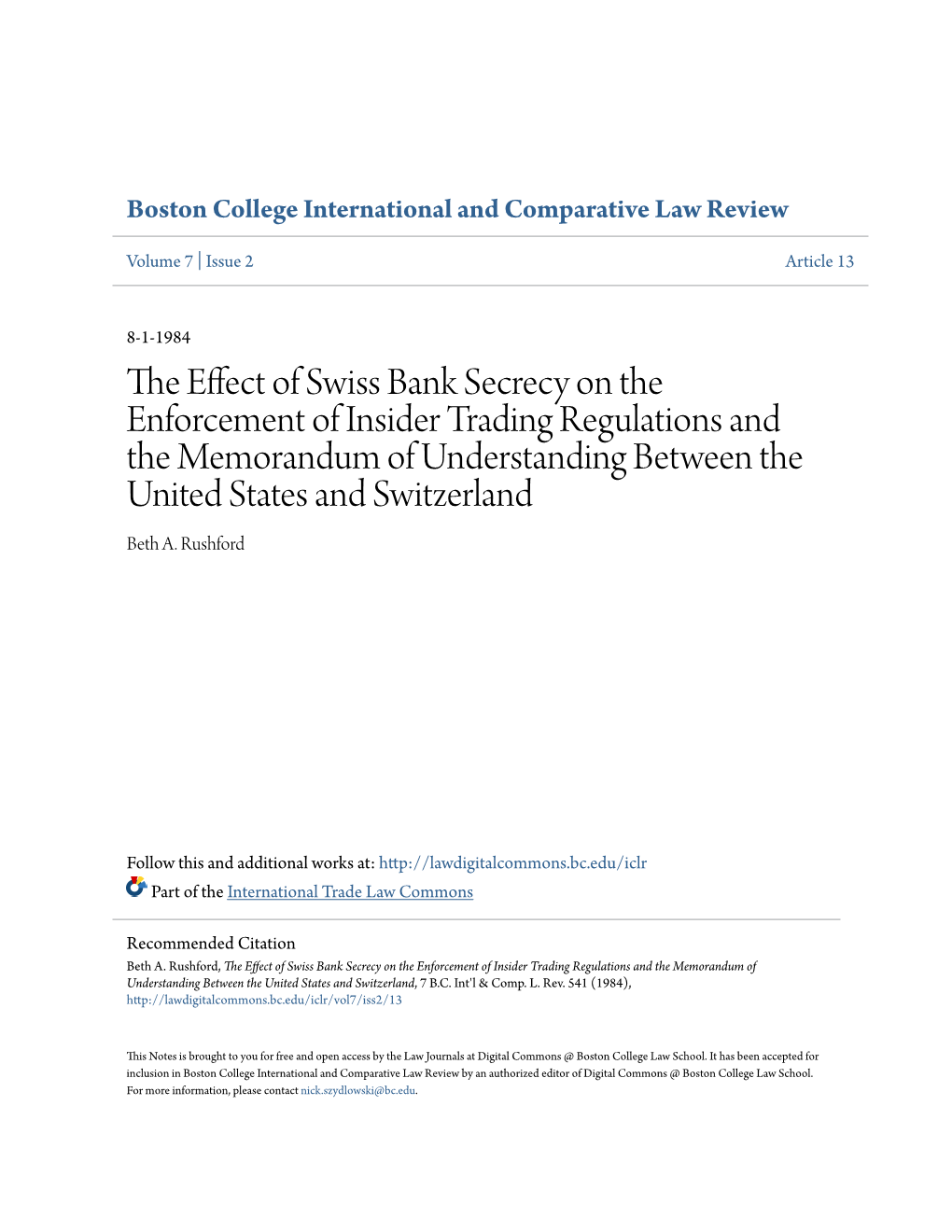 The Effect of Swiss Bank Secrecy on the Enforcement of Insider Trading