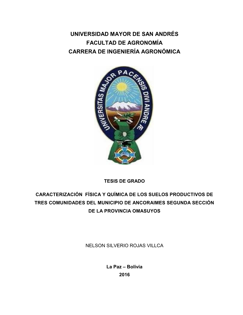 Universidad Mayor De San Andrés Facultad De Agronomía Carrera De Ingeniería Agronómica