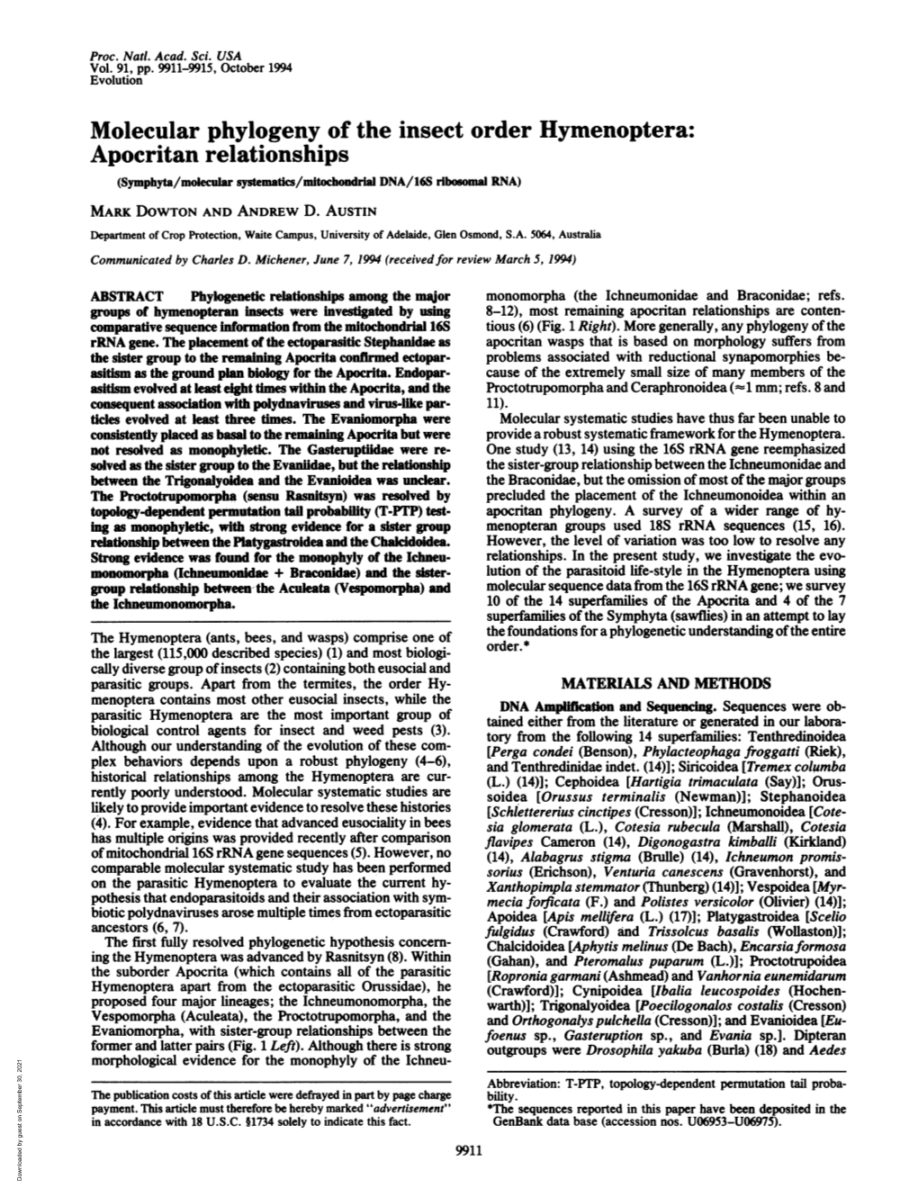 Molecular Phylogeny of the Insect Order Hymenoptera