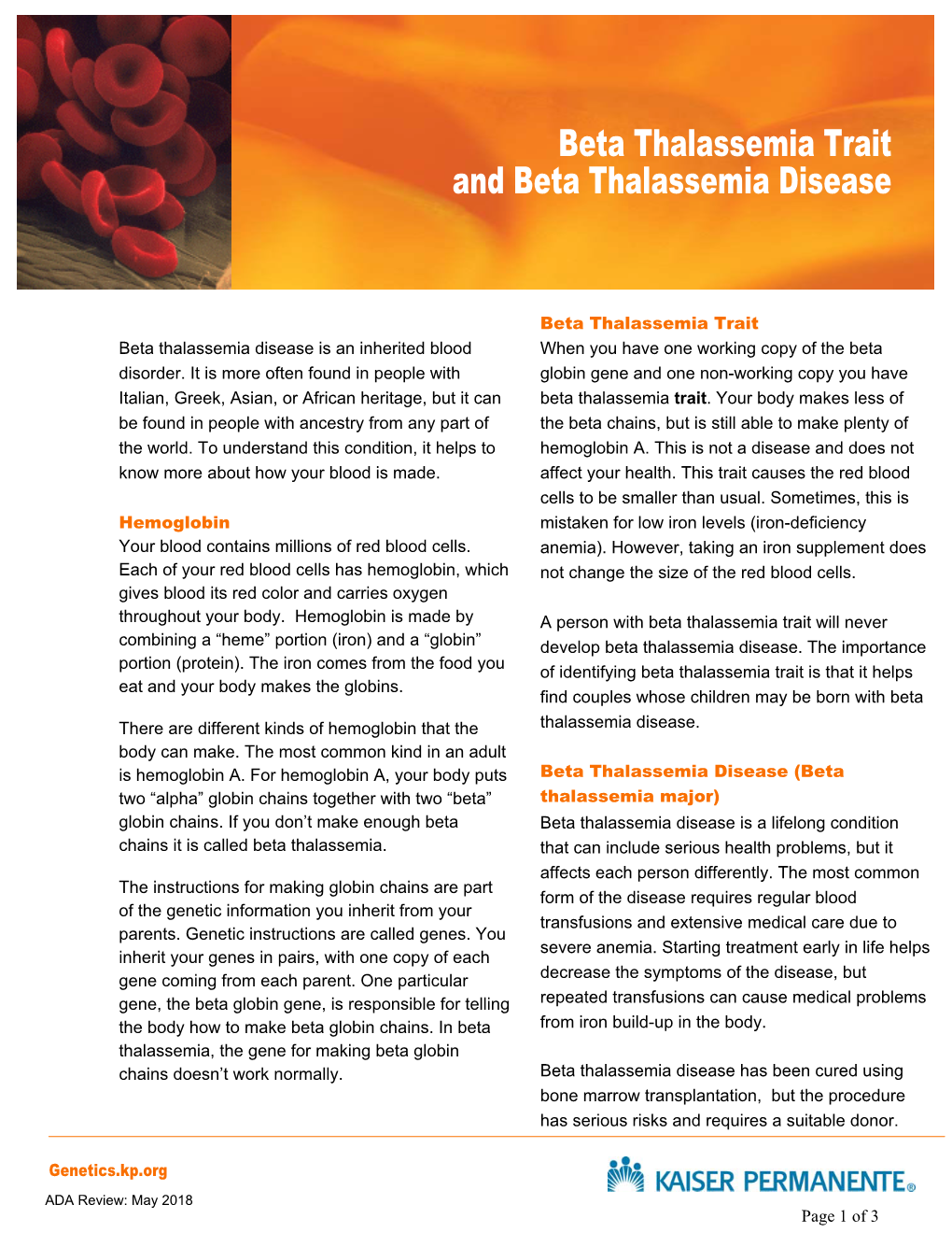 Beta Thalassemia Trait and Beta Thalassemia Disease