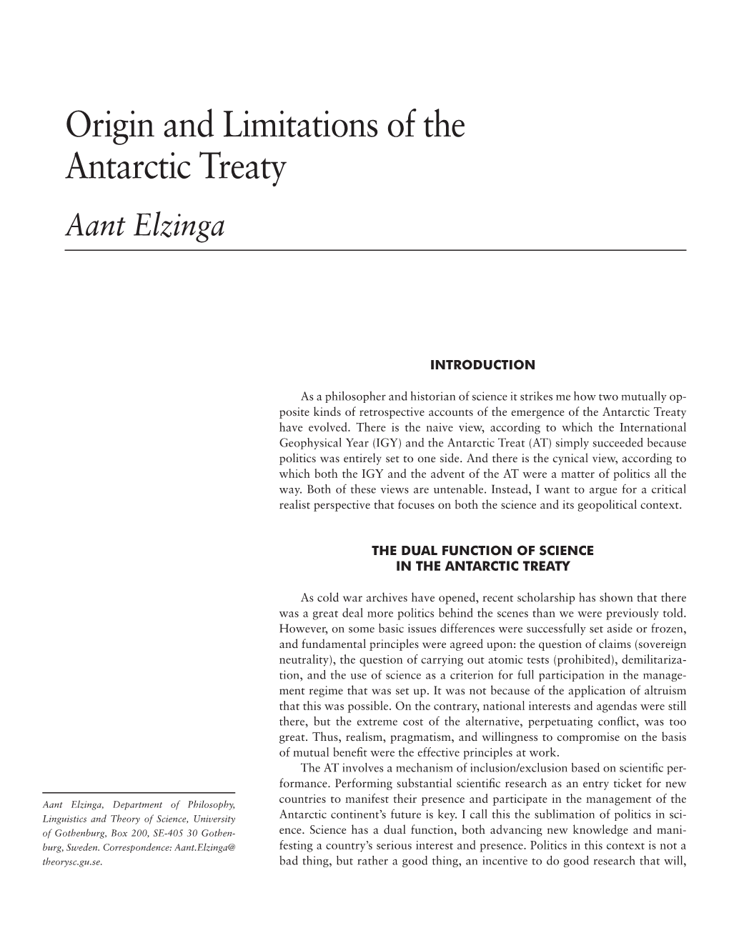 Origin and Limitations of the Antarctic Treaty Aant Elzinga