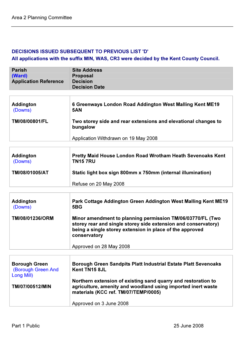 Area 2 Planning Committee Part 1 Public 25 June 2008 DECISIONS ISSUED SUBSEQUENT to PREVIOUS LIST 'D' All Applications With