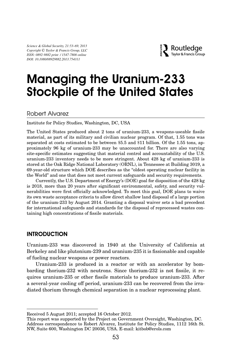 Managing the Uranium-233 Stockpile of the United States