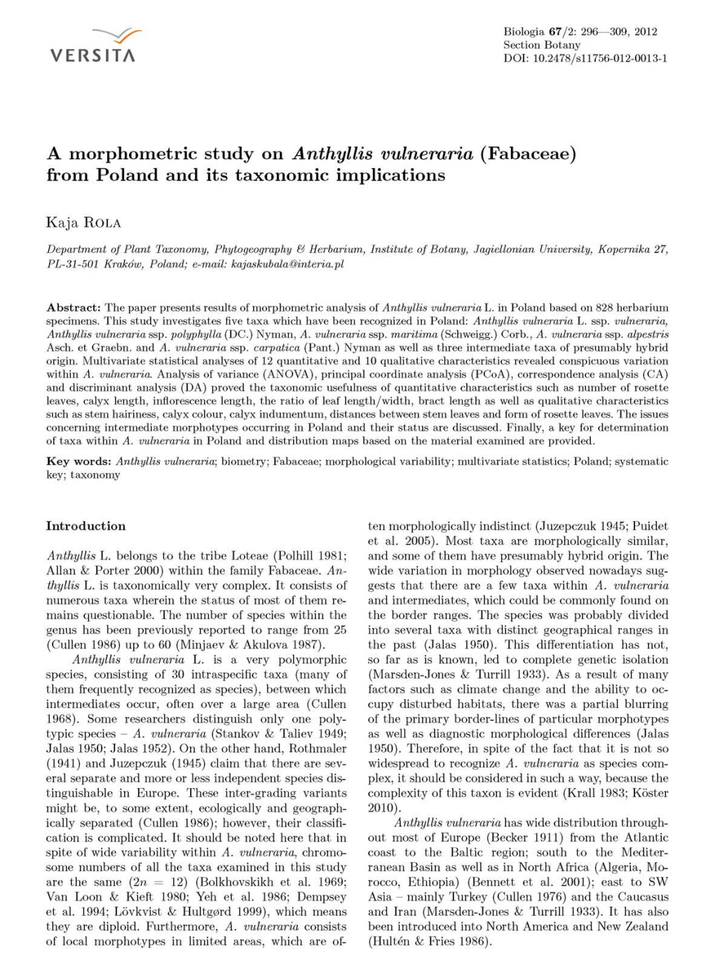 A Morphometric Study on Anthyllis Vulneraria (Fabaceae) from Poland and Its Taxonomic Implications