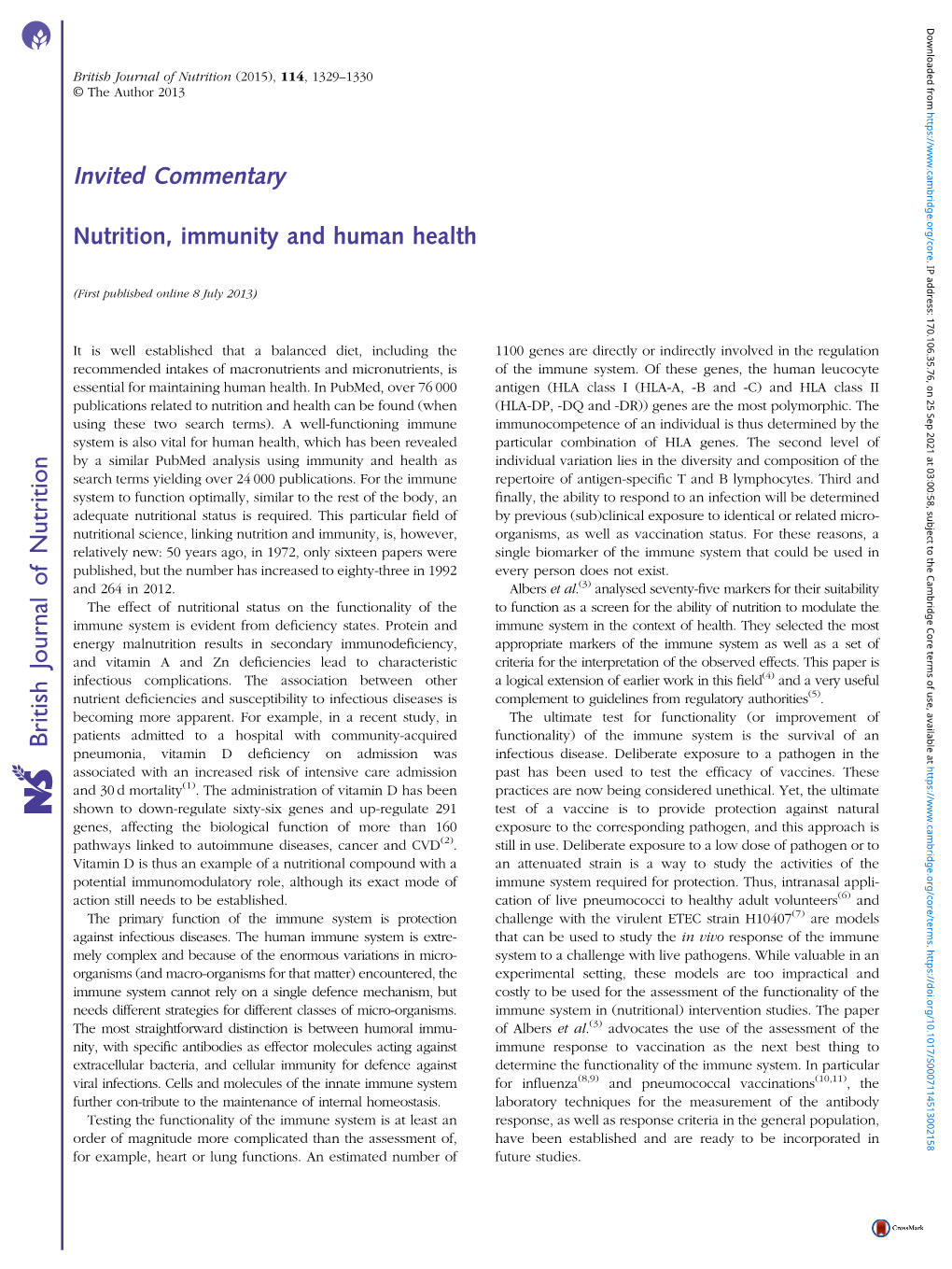 Invited Commentary Nutrition, Immunity and Human Health