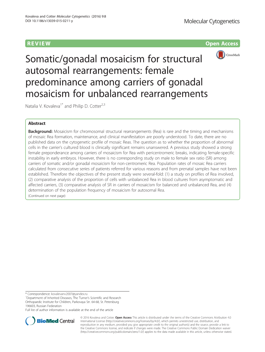 Somatic/Gonadal Mosaicism for Structural Autosomal Rearrangements: Female Predominance Among Carriers of Gonadal Mosaicism for Unbalanced Rearrangements Natalia V