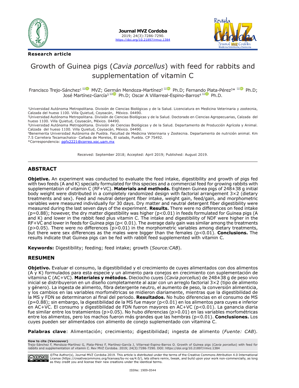 Growth of Guinea Pigs (Cavia Porcellus) with Feed for Rabbits and Supplementation of Vitamin C