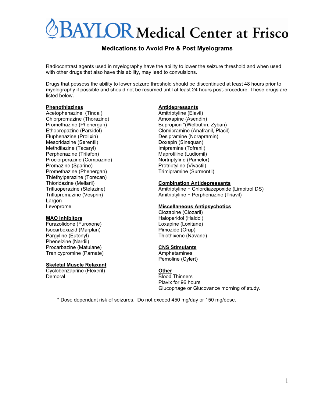 1 Medications to Avoid Pre & Post Myelograms