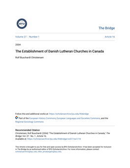 The Establishment of Danish Lutheran Churches in Canada