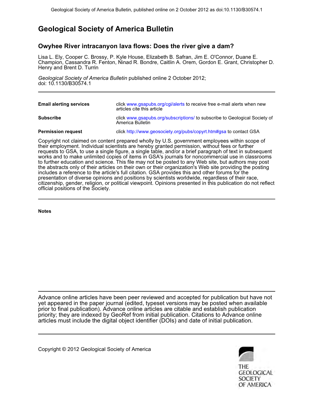 Geological Society of America Bulletin, Published Online on 2 October 2012 As Doi:10.1130/B30574.1