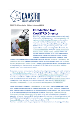 CAASTRO Newsletter Edition 8, August 2013 Introduction from CAASTRO Director CAASTRO’S Flagship Research Programs Are Very Much Now in Full Swing