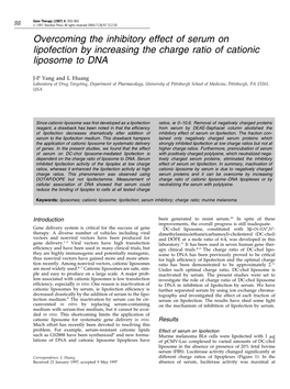 Overcoming the Inhibitory Effect of Serum on Lipofection by Increasing the Charge Ratio of Cationic Liposome to DNA