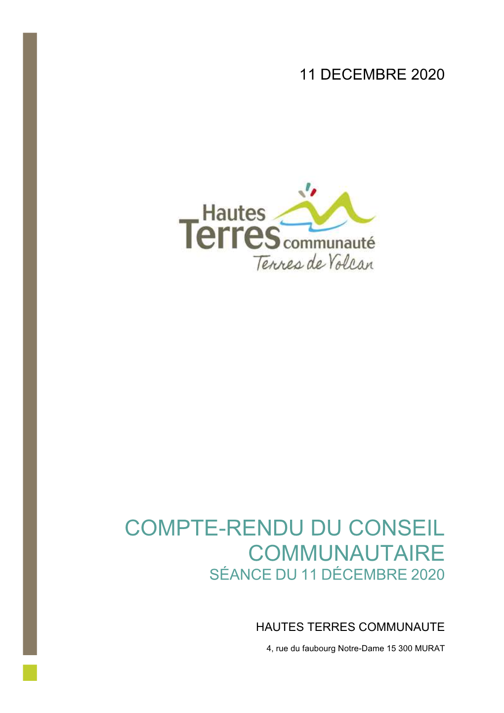 Compte-Rendu Du Conseil Communautaire Séance Du 11 Décembre 2020