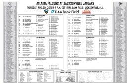 ATLANTA FALCONS at JACKSONVILLE JAGUARS 2 Alex Mcgough QB 1 Danny Etling QB 4 Josh Lambo K 2 Matt Ryan QB 7 Nick Foles QB THURSDAY, AUG