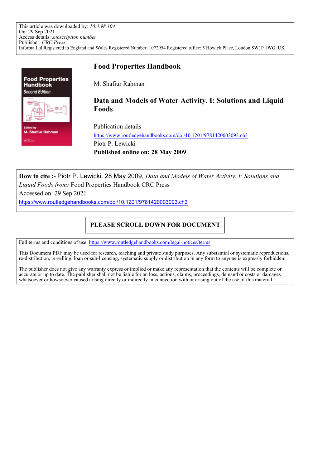 Food Properties Handbook Data and Models of Water Activity. I: Solutions