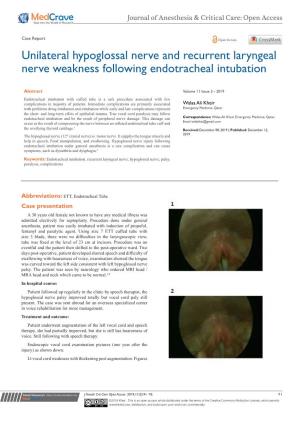 Unilateral Hypoglossal Nerve and Recurrent Laryngeal Nerve Weakness Following Endotracheal Intubation