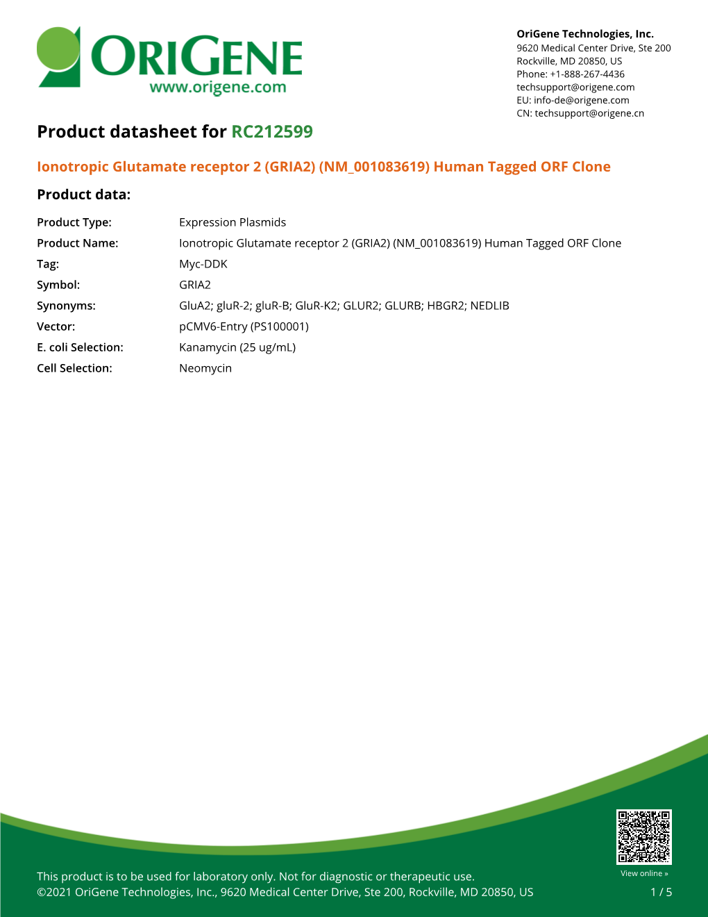 Ionotropic Glutamate Receptor 2 (GRIA2) (NM 001083619) Human Tagged ORF Clone Product Data