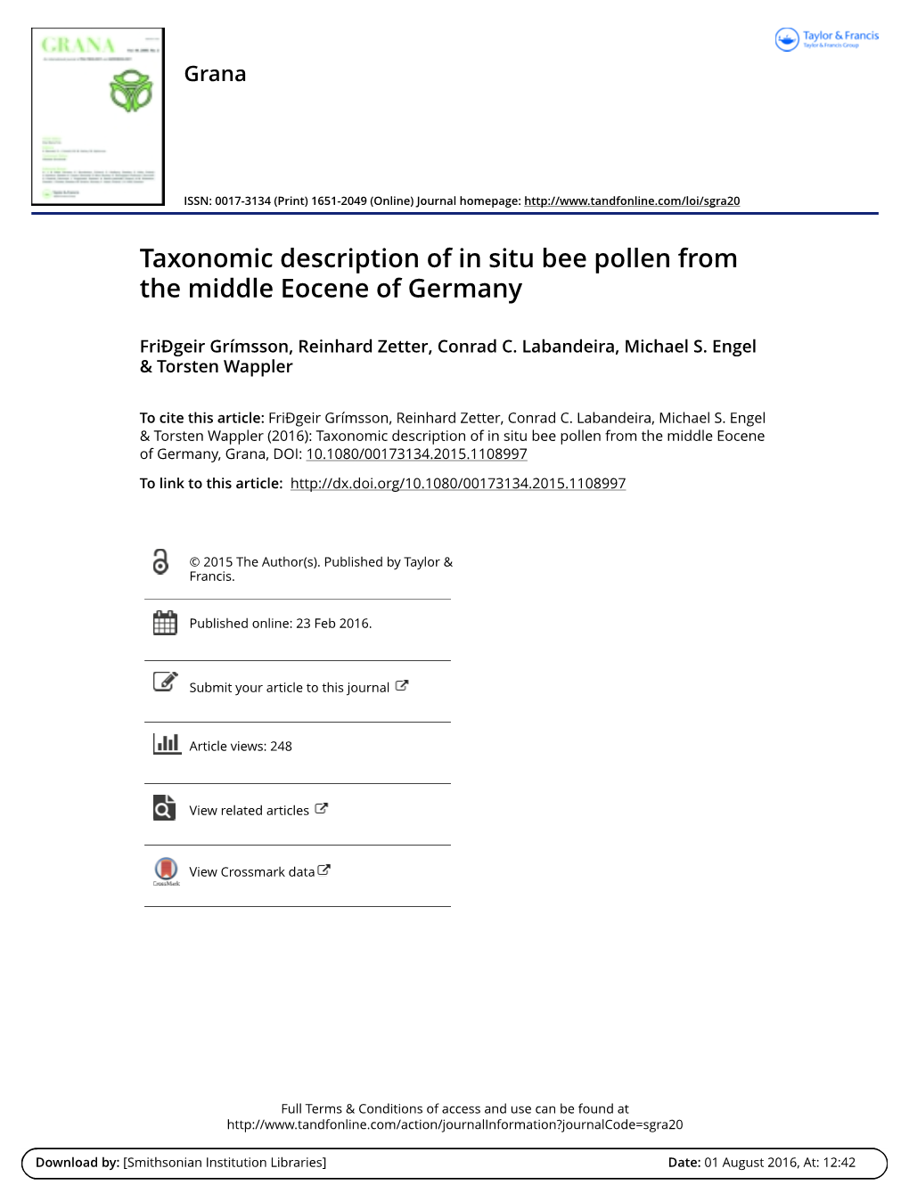 Taxonomic Description of in Situ Bee Pollen from the Middle Eocene of Germany