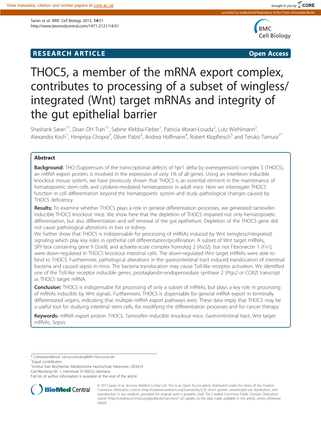 THOC5, a Member of the Mrna Export Complex, Contributes