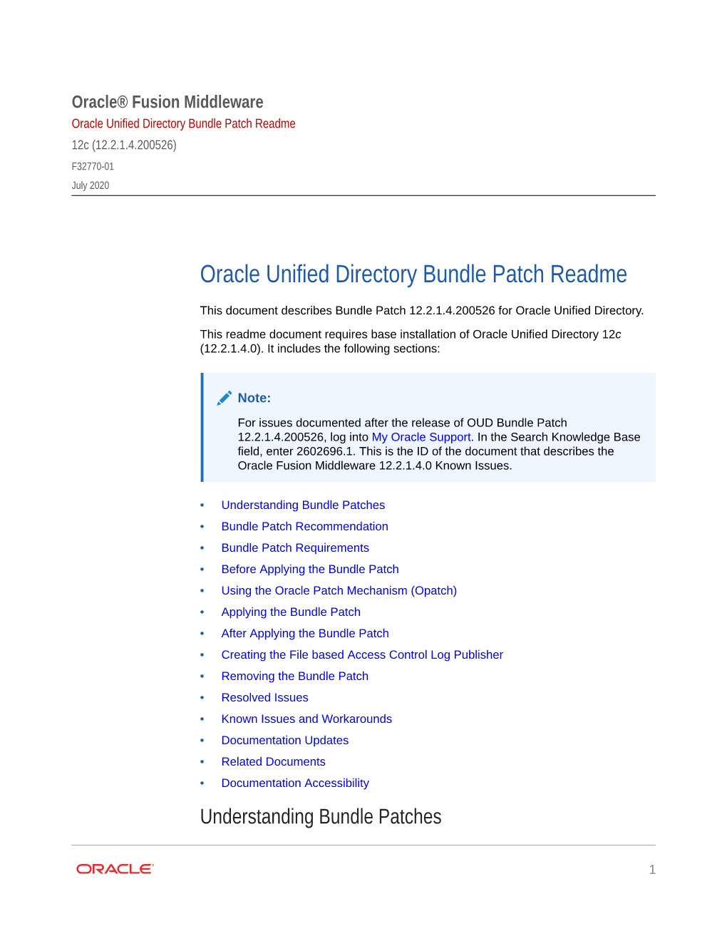 Oracle Unified Directory Bundle Patch Readme 12C (12.2.1.4.200526) F32770-01 July 2020