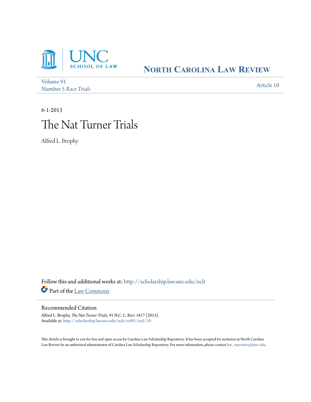 The Nat Turner Trials, 91 N.C