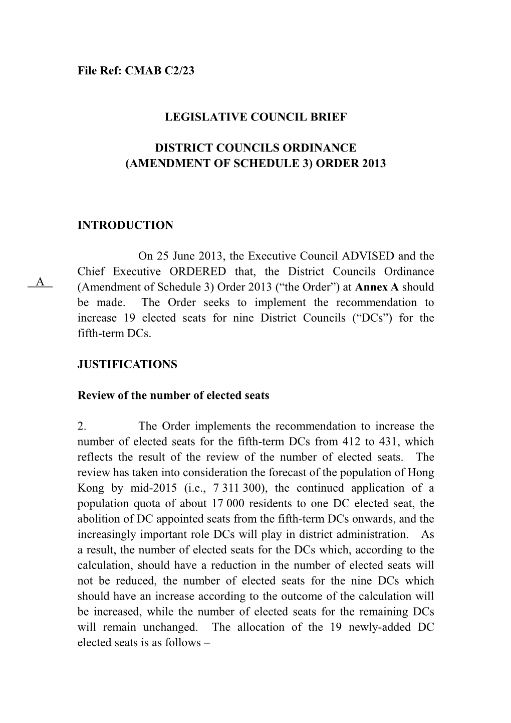 District Councils Ordinance (Amendment of Schedule 3) Order 2013