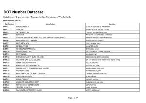 DOT Number Database Database of Department of Transportation Numbers on Windshields from Various Sources Dot Number Manufacturer Location DOT‐1 SUPERGLASS S.A