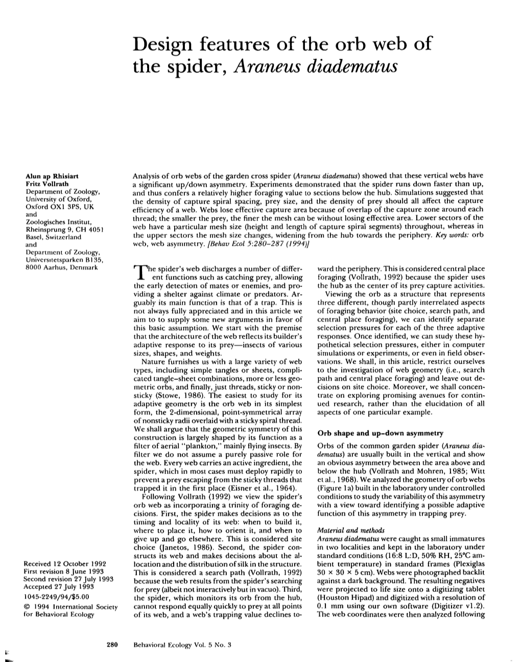 Design Features of the Orb Web of the Spider, Araneus Diadematus