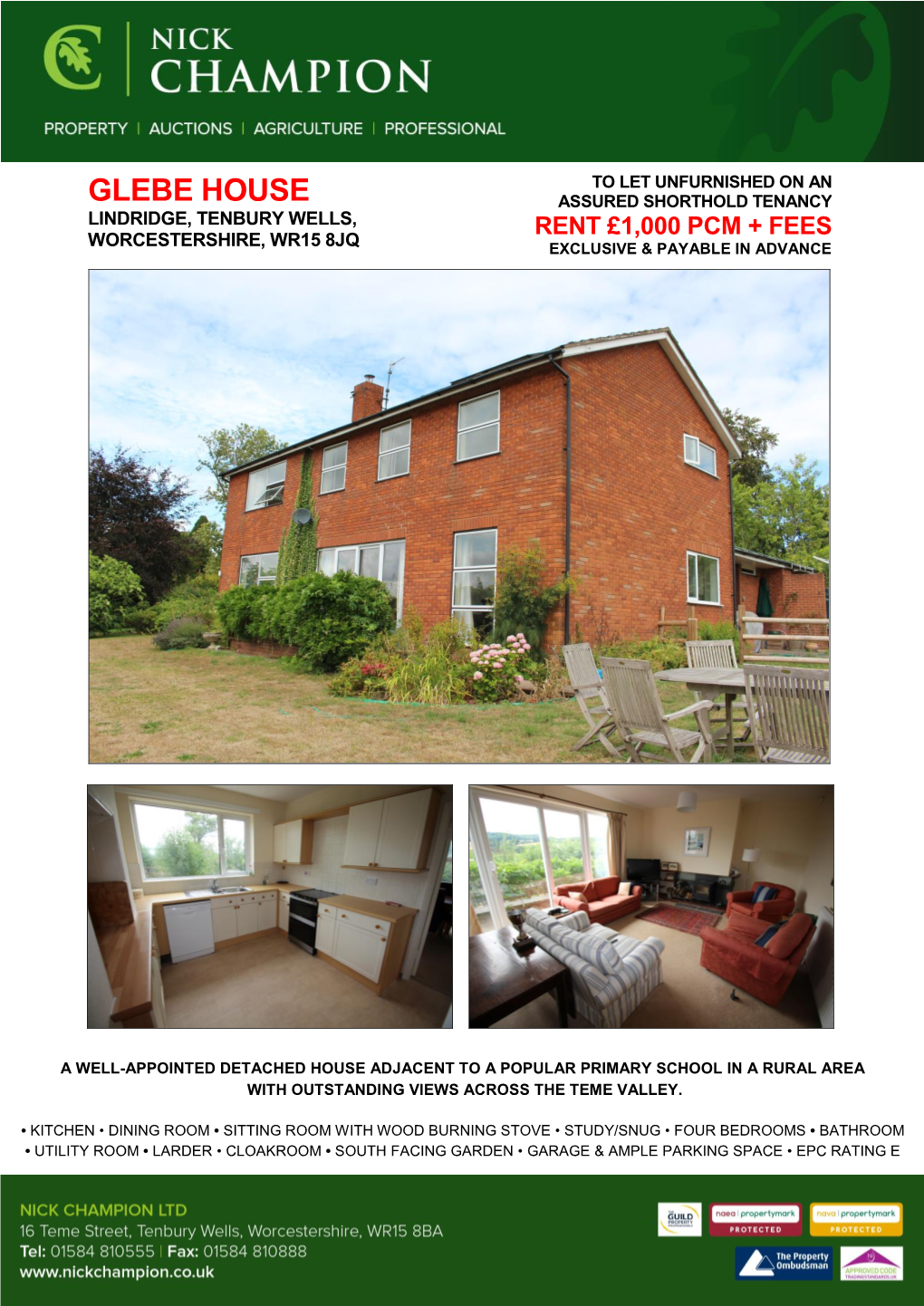 Glebe House Assured Shorthold Tenancy Lindridge, Tenbury Wells, Rent £1,000 Pcm + Fees Worcestershire, Wr15 8Jq Exclusive & Payable in Advance