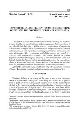 Constitutional Determination of the Electoral System and the Countries of Former Yugoslavia2