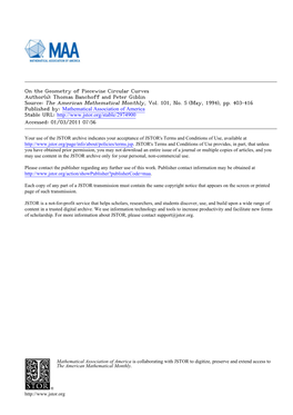 On the Geometry of Piecewise Circular Curves Author(S): Thomas Banchoff and Peter Giblin Source: the American Mathematical Monthly, Vol