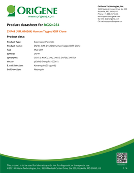 ZNF44 (NM 016264) Human Tagged ORF Clone Product Data