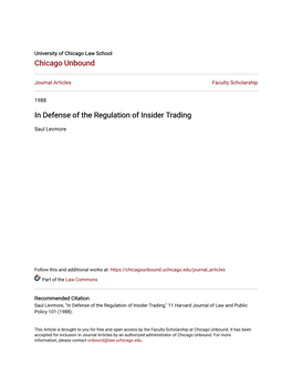 In Defense of the Regulation of Insider Trading