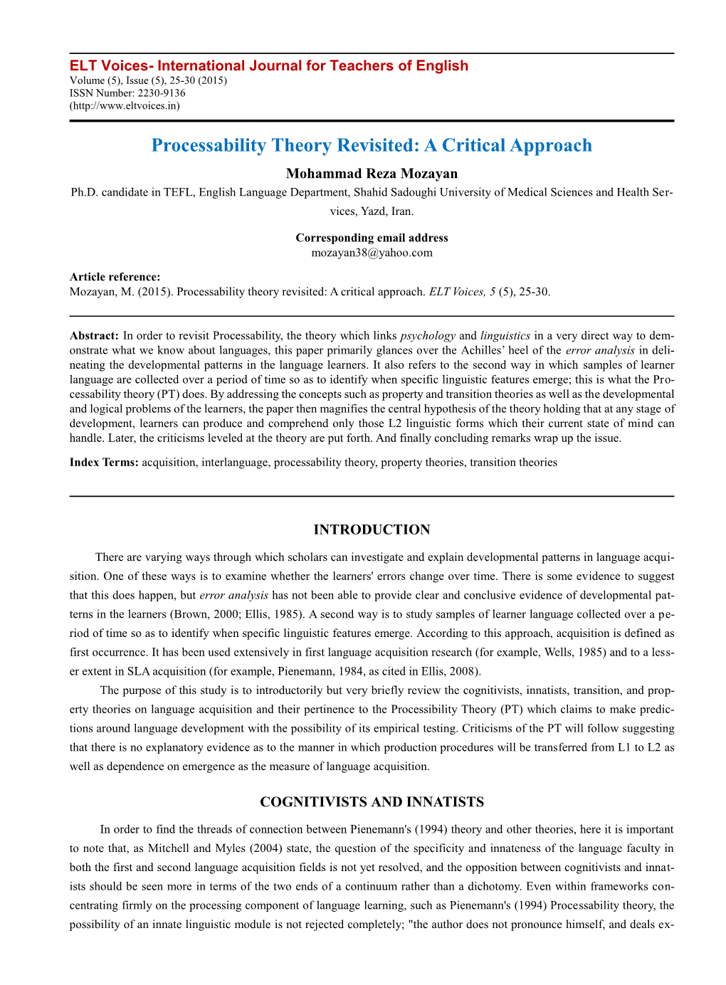 Processability Theory Revisited: a Critical Approach Mohammad Reza Mozayan Ph.D