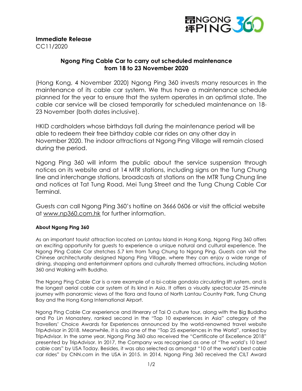 Immediate Release CC11/2020 Ngong Ping Cable Car to Carry Out