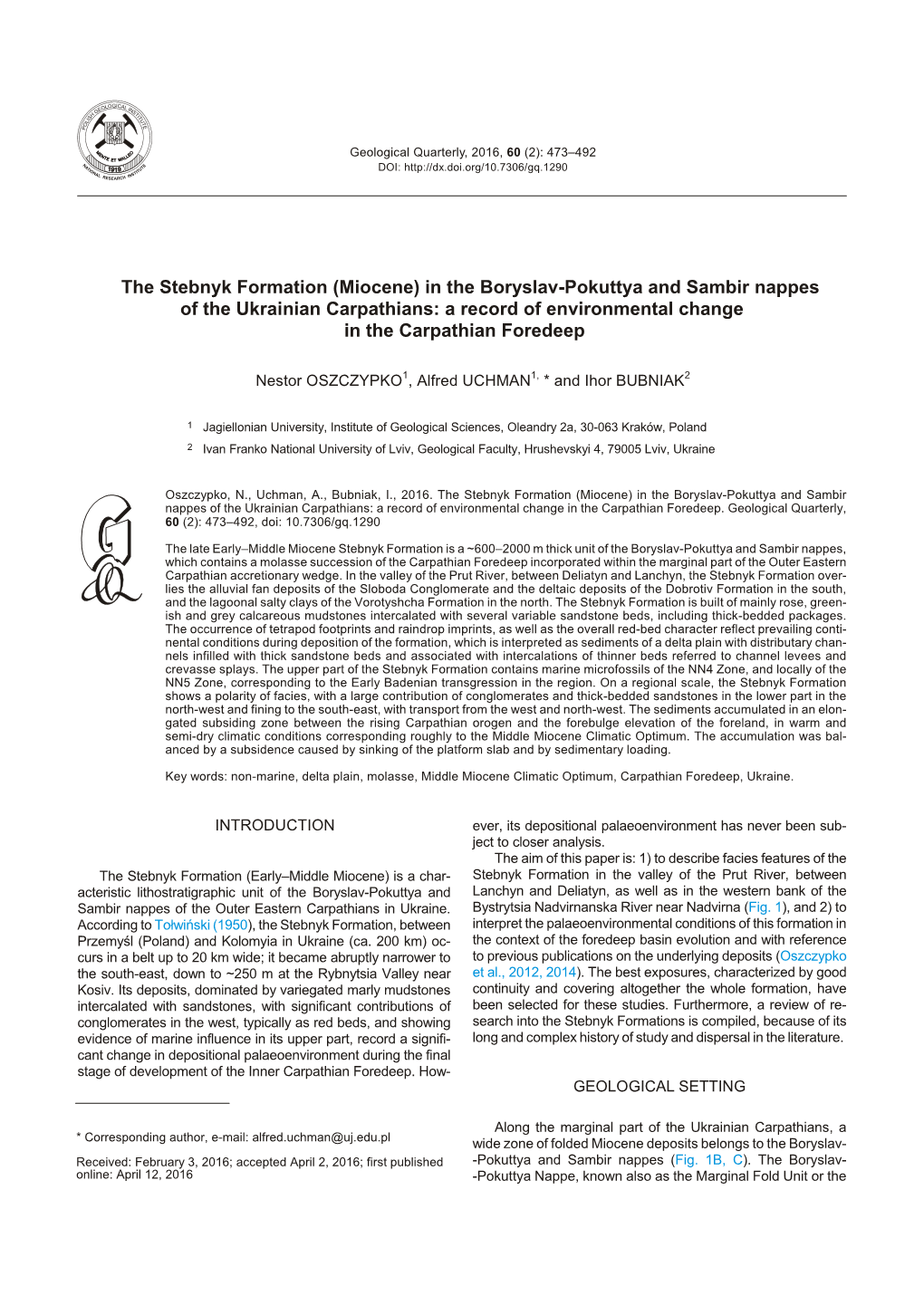 In the Boryslav-Pokuttya and Sambir Nappes of the Ukrai Nian Carpathians: a Re Cord of En Vi Ron Men Tal Change in the Carpathian Foredeep