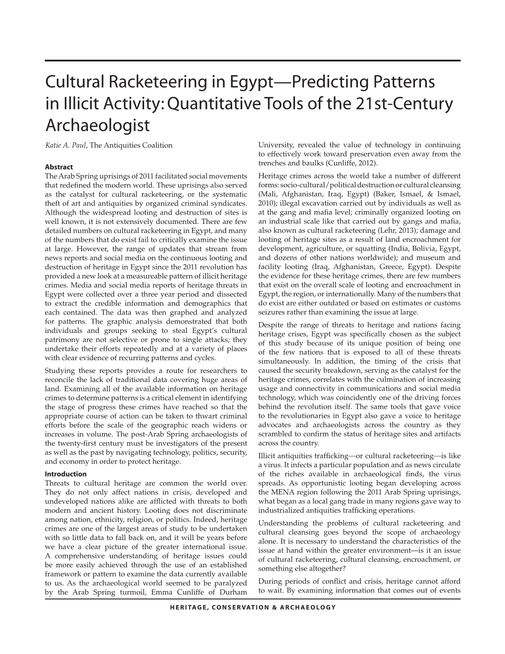 Cultural Racketeering in Egypt—Predicting Patterns in Illicit Activity: Quantitative Tools of the 21St-Century Archaeologist Katie A