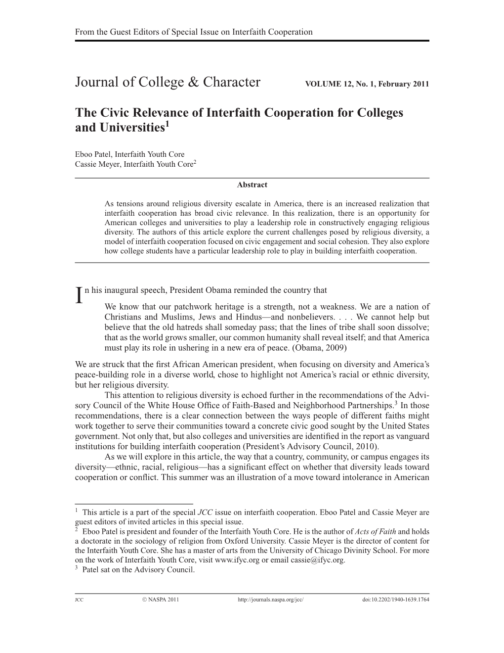 The Civic Relevance of Interfaith Cooperation for Colleges and Universities1