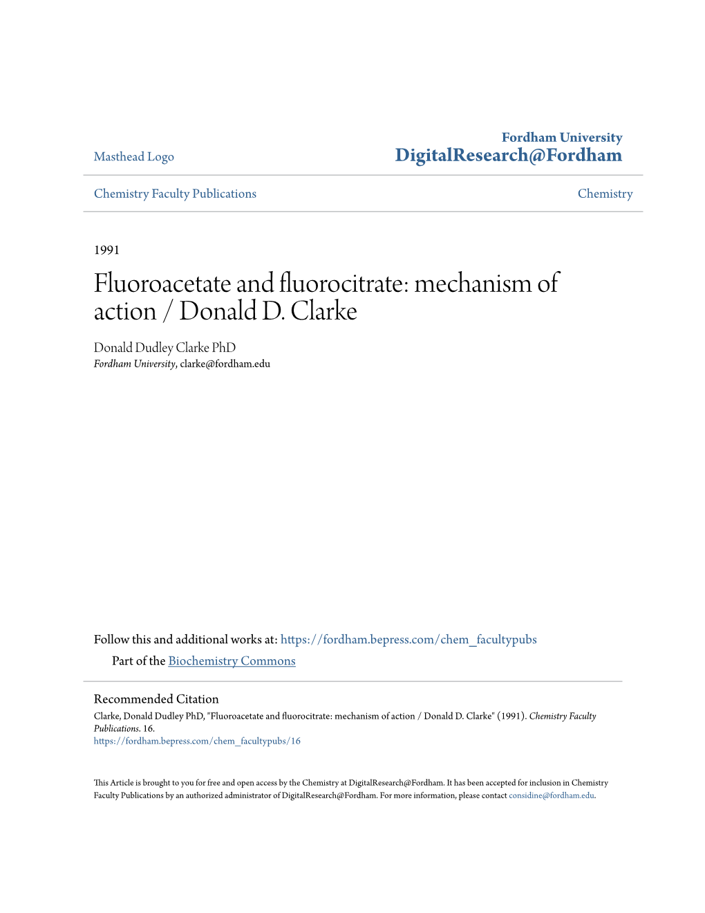 Fluoroacetate and Fluorocitrate: Mechanism of Action / Donald D
