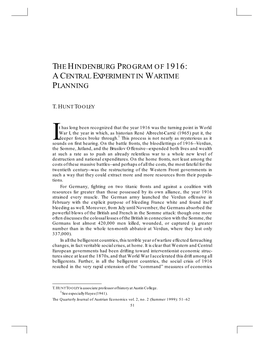 The Hindenburg Program of 1916: a Central Experiment in Wartime Planning